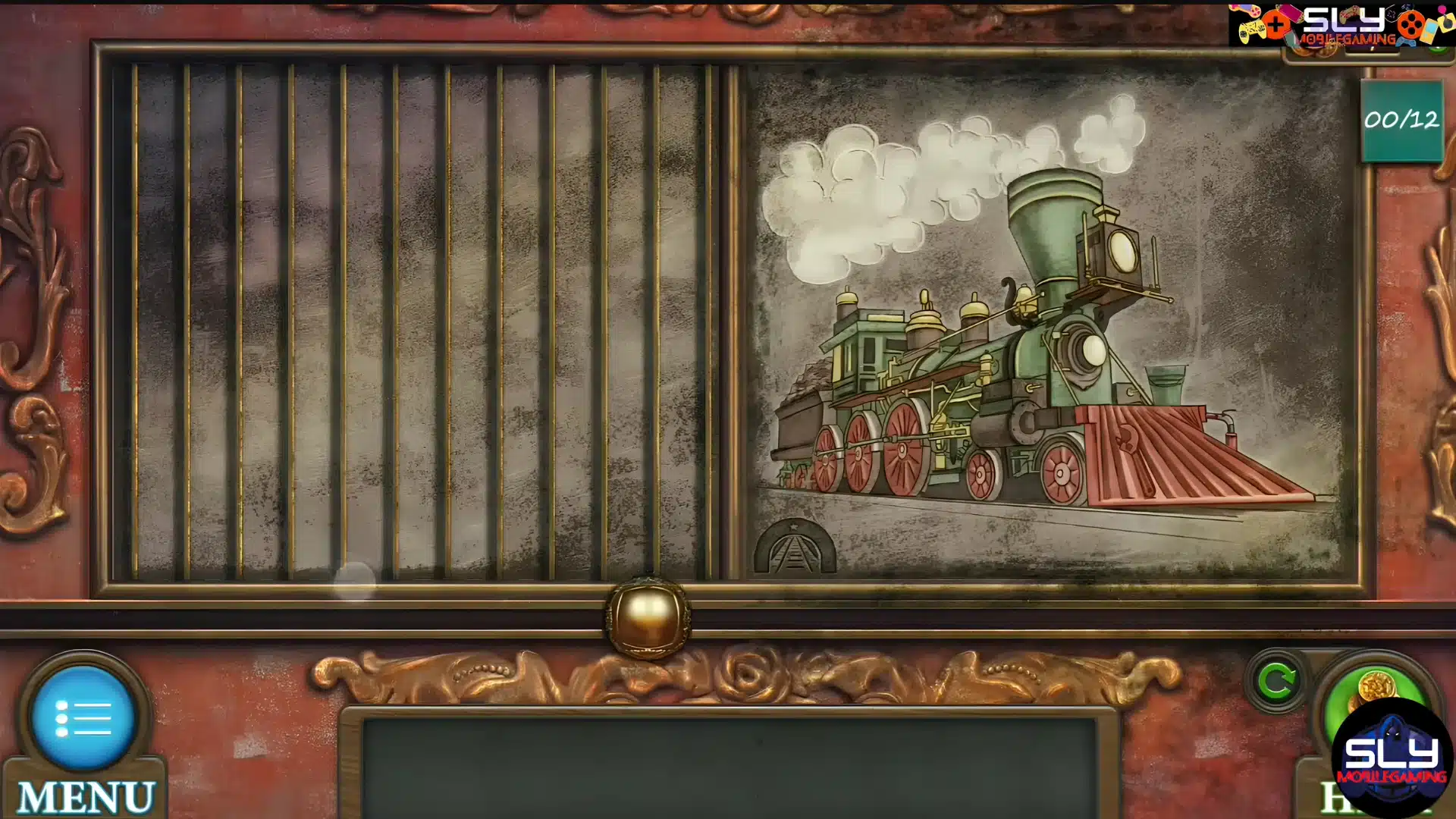 A sliding panel puzzle featuring an illustration of a steam locomotive and vertical bars.