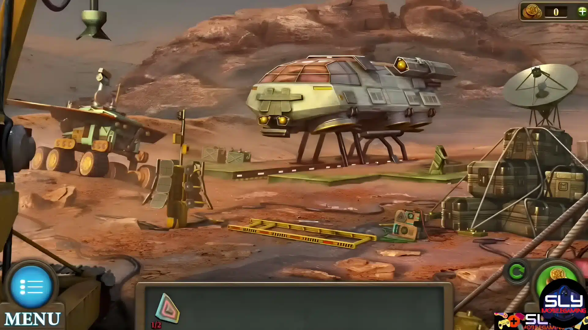 Futuristic spaceship landing site on a dusty, rocky red Martian landscape.