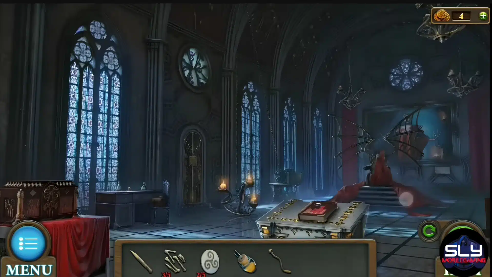 Dark Gothic castle interior with tall stained-glass windows and a bat-winged throne.