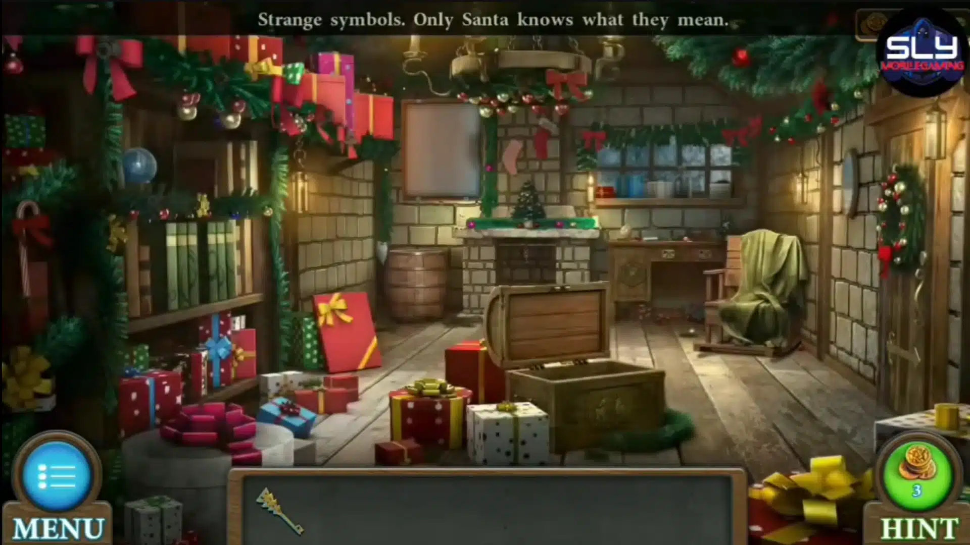Cosy wooden cabin decorated for Christmas with wrapped gifts and a fireplace.