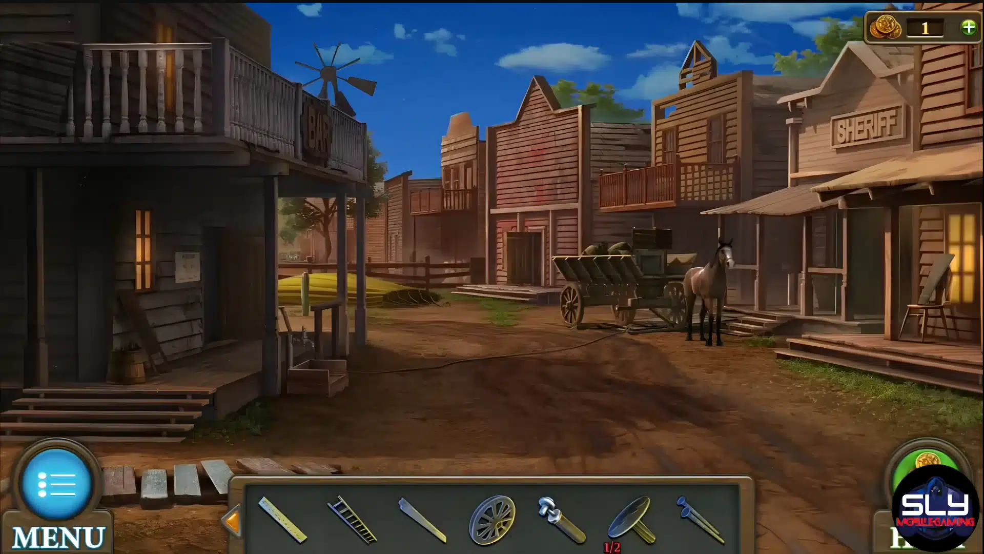 Deserted Old West town street flanked by wooden storefronts and a horse wagon.
