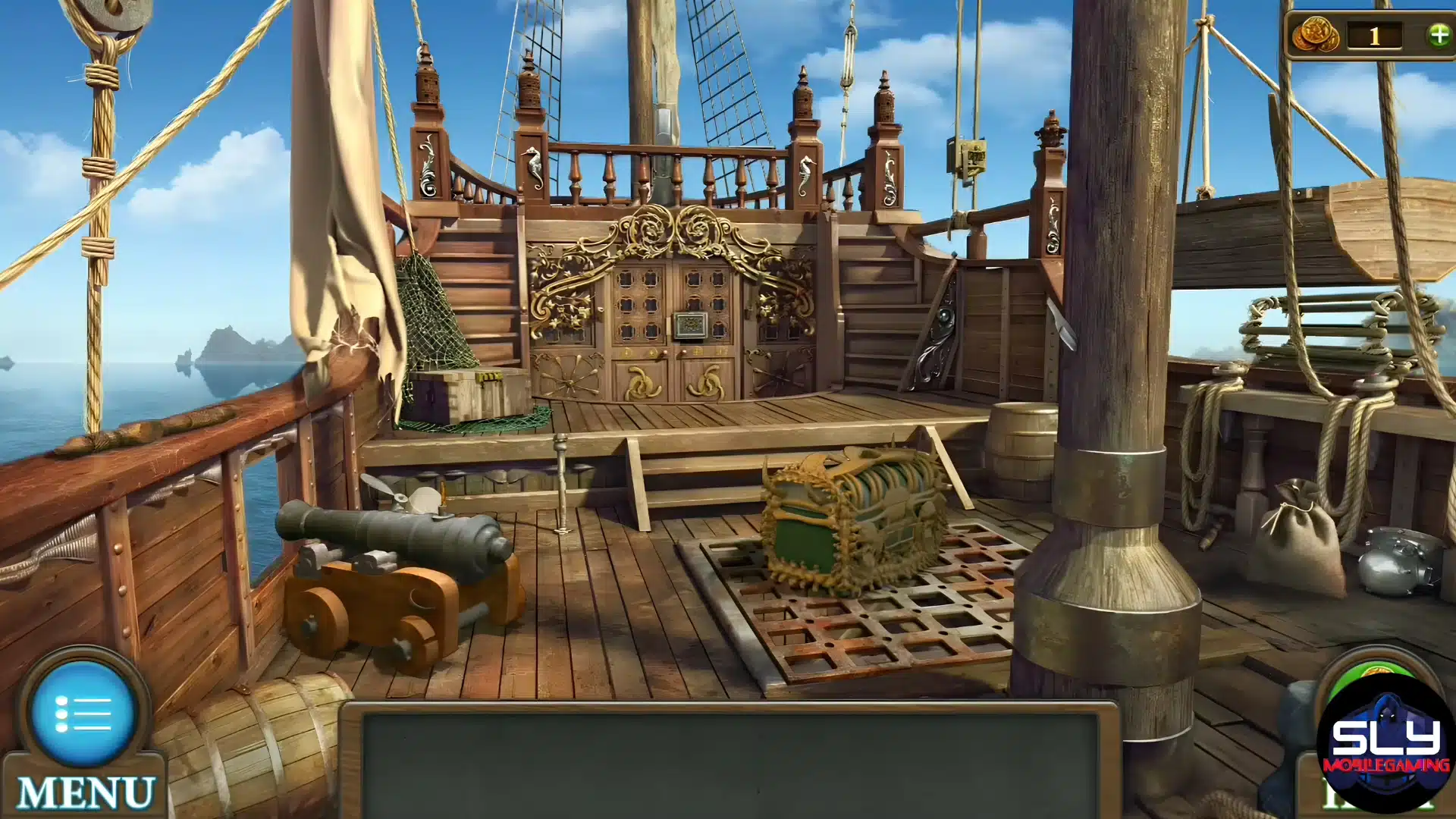 Wooden deck of a vintage sailing ship with cannons, ropes, and treasure chest.