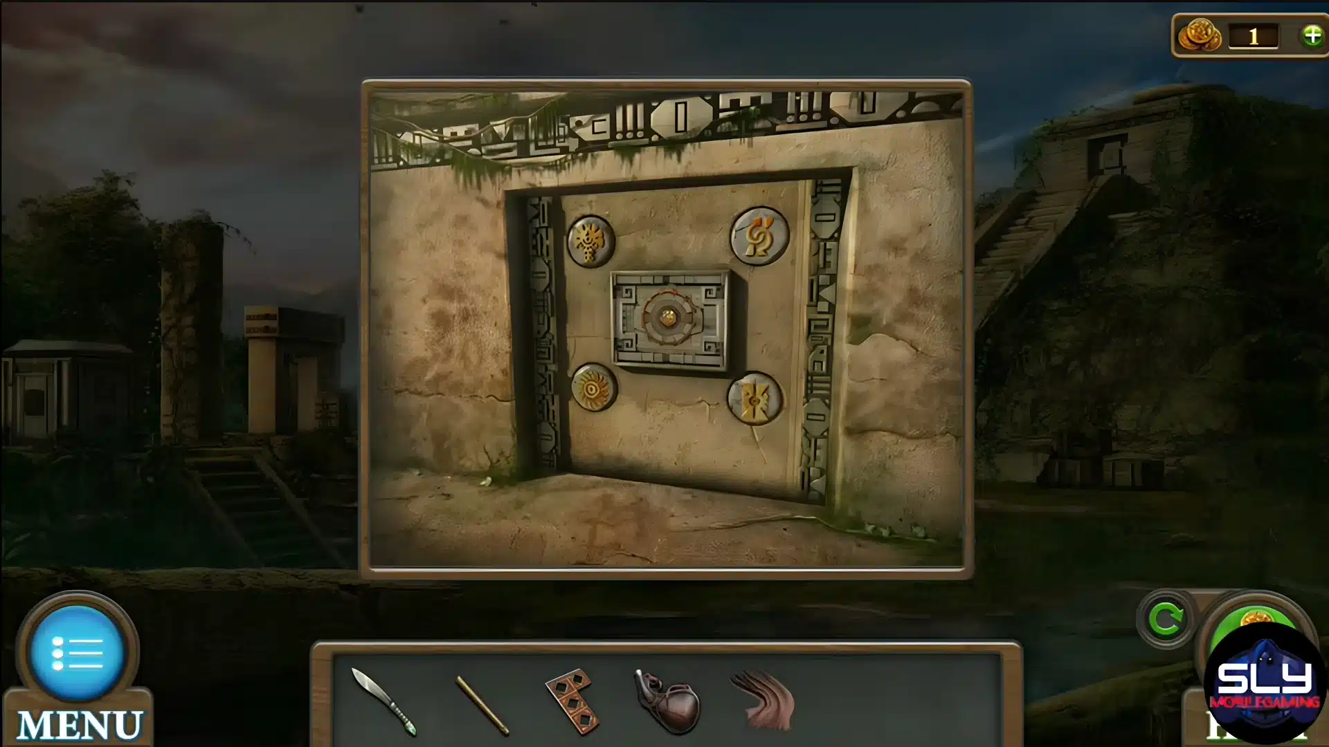 Carved stone puzzle lock mechanism set in ancient ruin walls with step pyramids background.