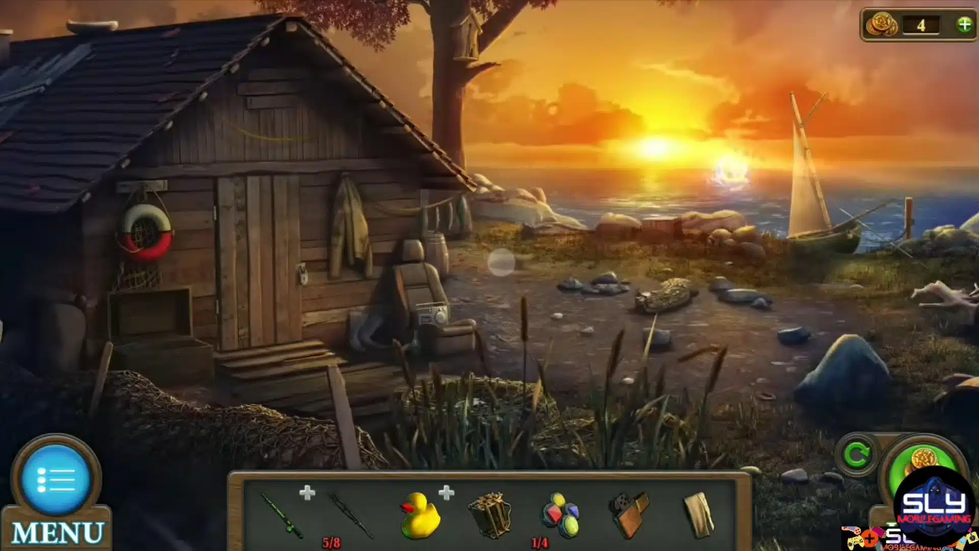 A wooden shack beside a body of water at sunset in a puzzle game interface.
