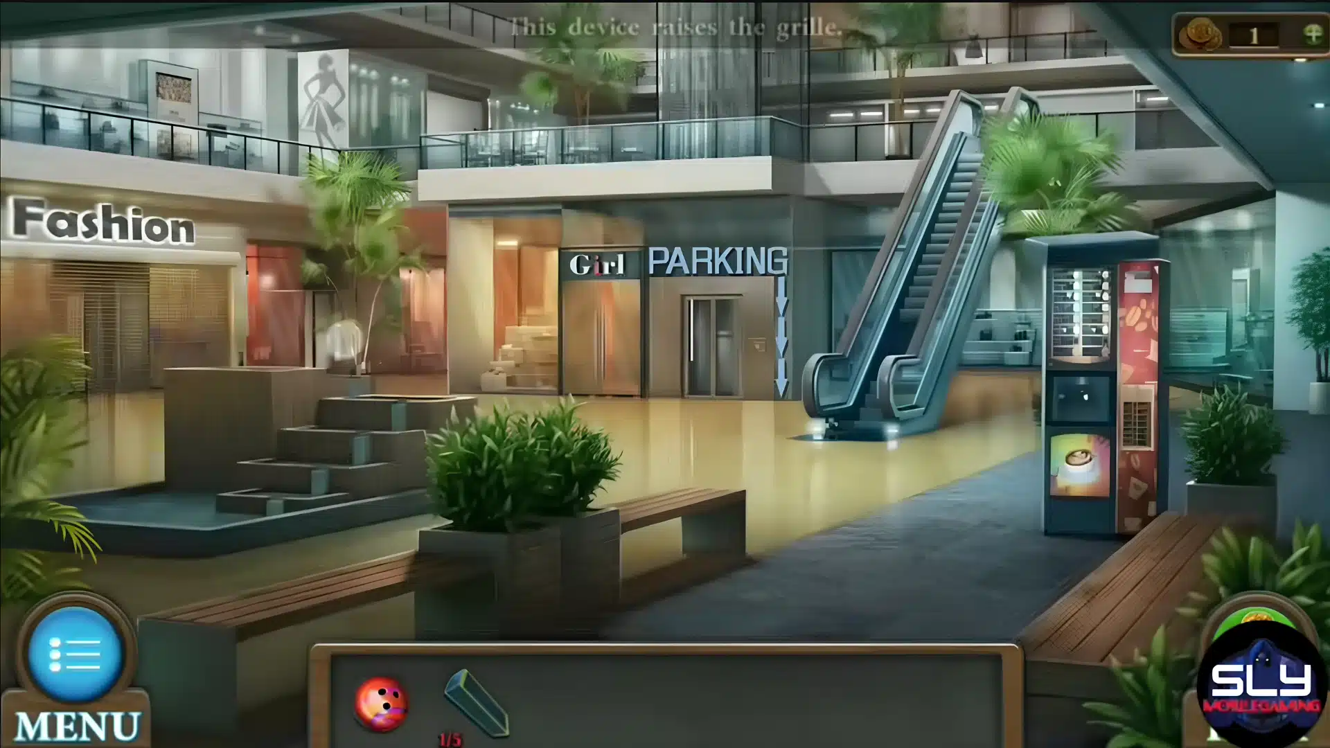 Multi-story modern shopping mall atrium with escalators, shopfronts, benches, and potted plants.