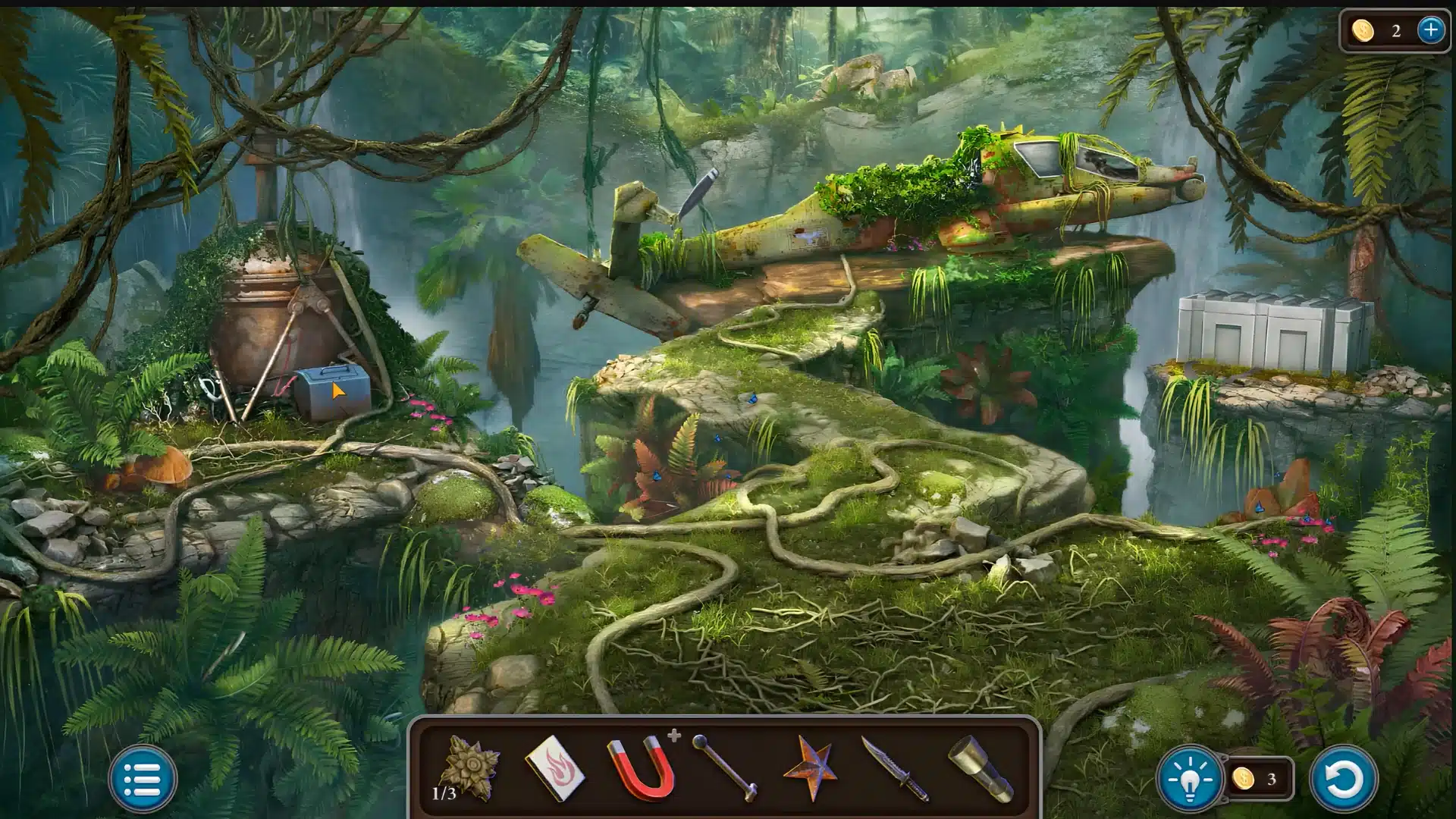 Overgrown jungle path featuring a moss-covered crashed airplane sitting atop a cliff.