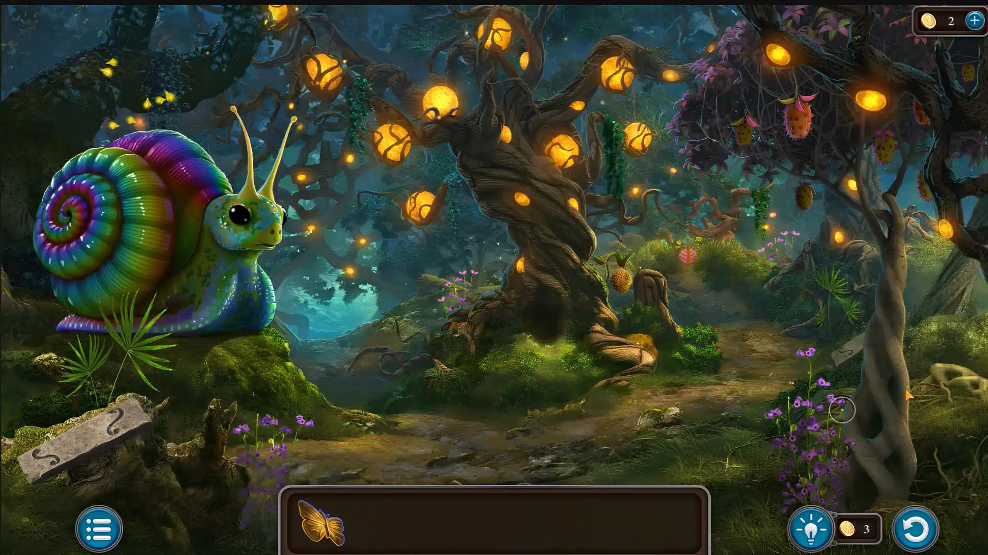 A magical forest scene featuring glowing hanging lights and a giant colourful snail.