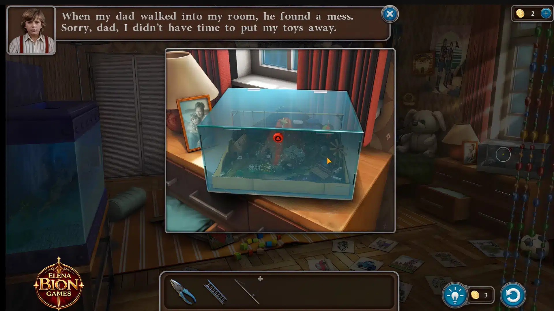 Level 25 Tricky Doors walkthrough scene showing a toy room aquarium puzzle and scattered objects