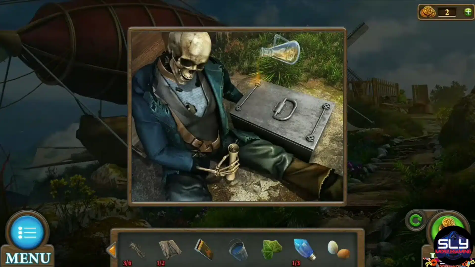 A skeleton sitting next to a metal briefcase in a puzzle game scene background.