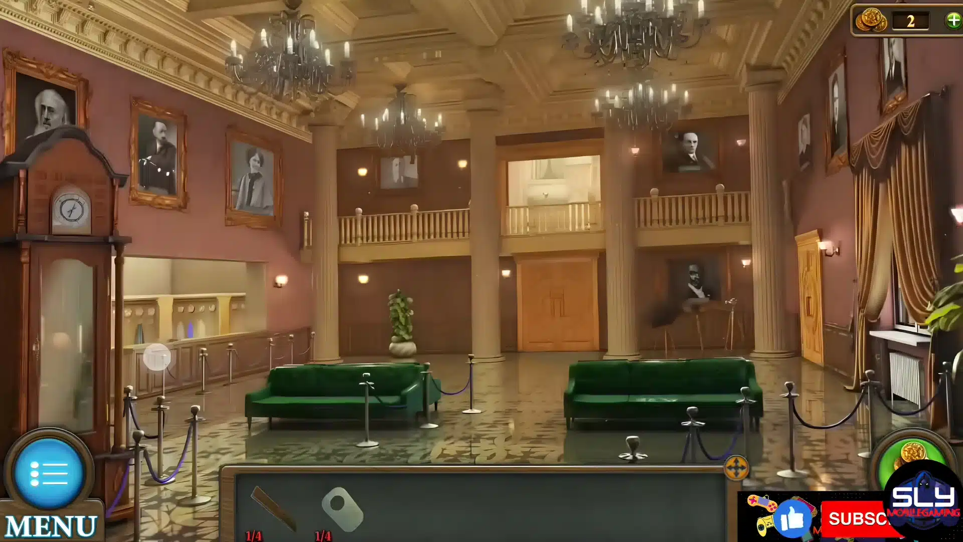 A grand theater lobby featuring portraits, columns, chandeliers, and green velvet seating.