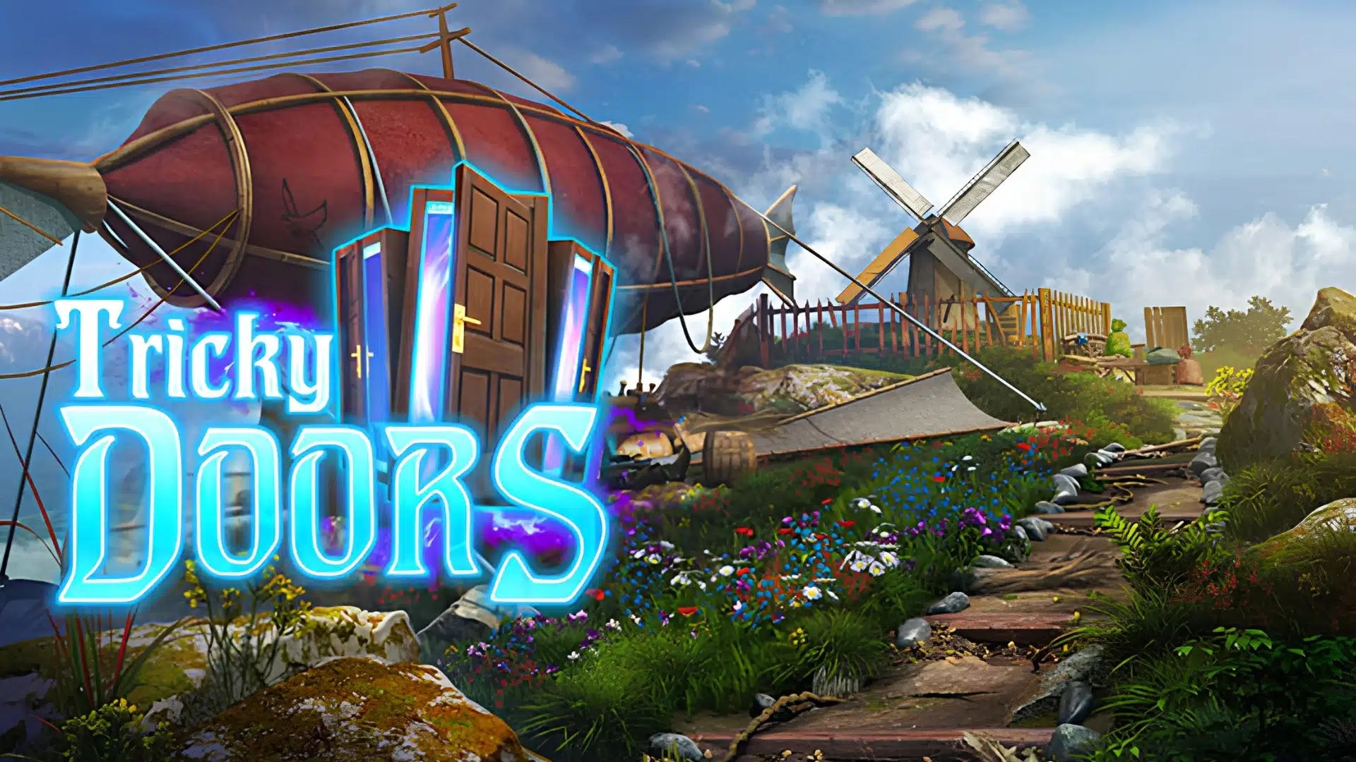 Tricky Doors video game banner showing glowing magic doors set against a landscape.