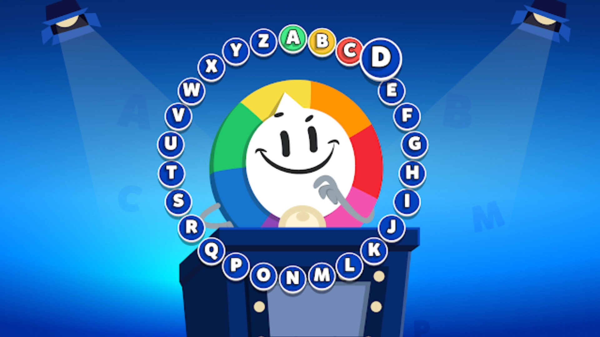 Trivia crack character surrounded by colorful letter icons on a bright blue background
