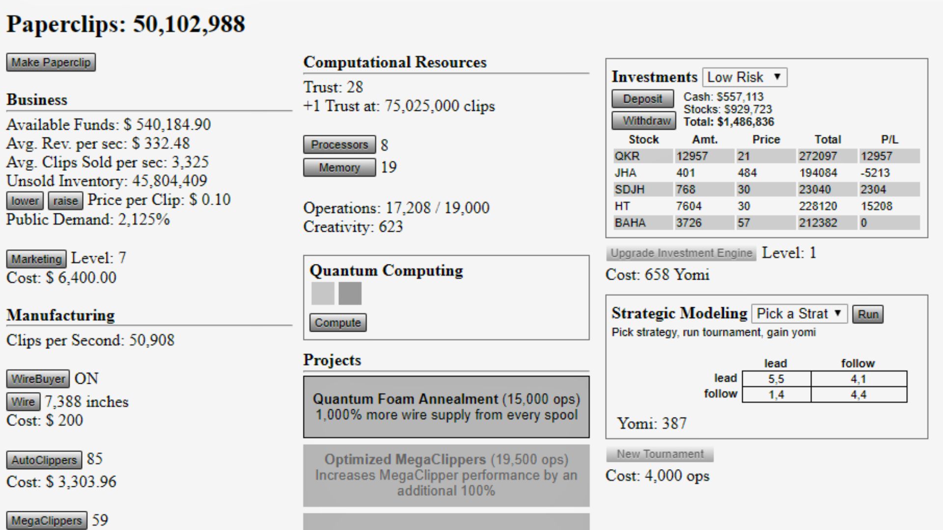 Universal Paperclips game interface showing paperclip production, resources, upgrades, and management options.