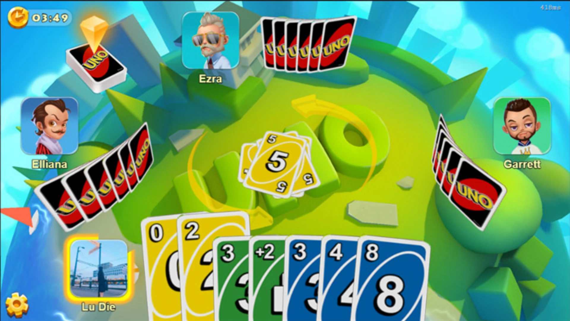 Uno online game screen with four players holding colorful cards around a bright game board