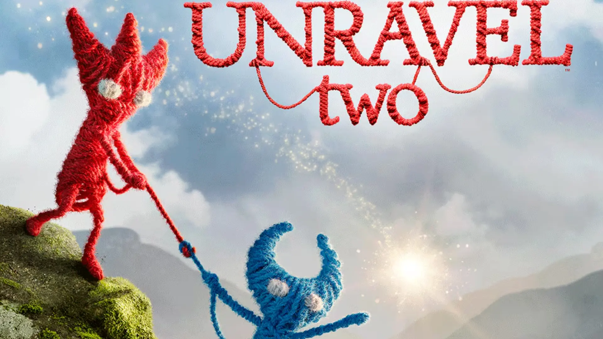 unravel two showing yarn characters working together through beautiful platform adventure world with puzzles