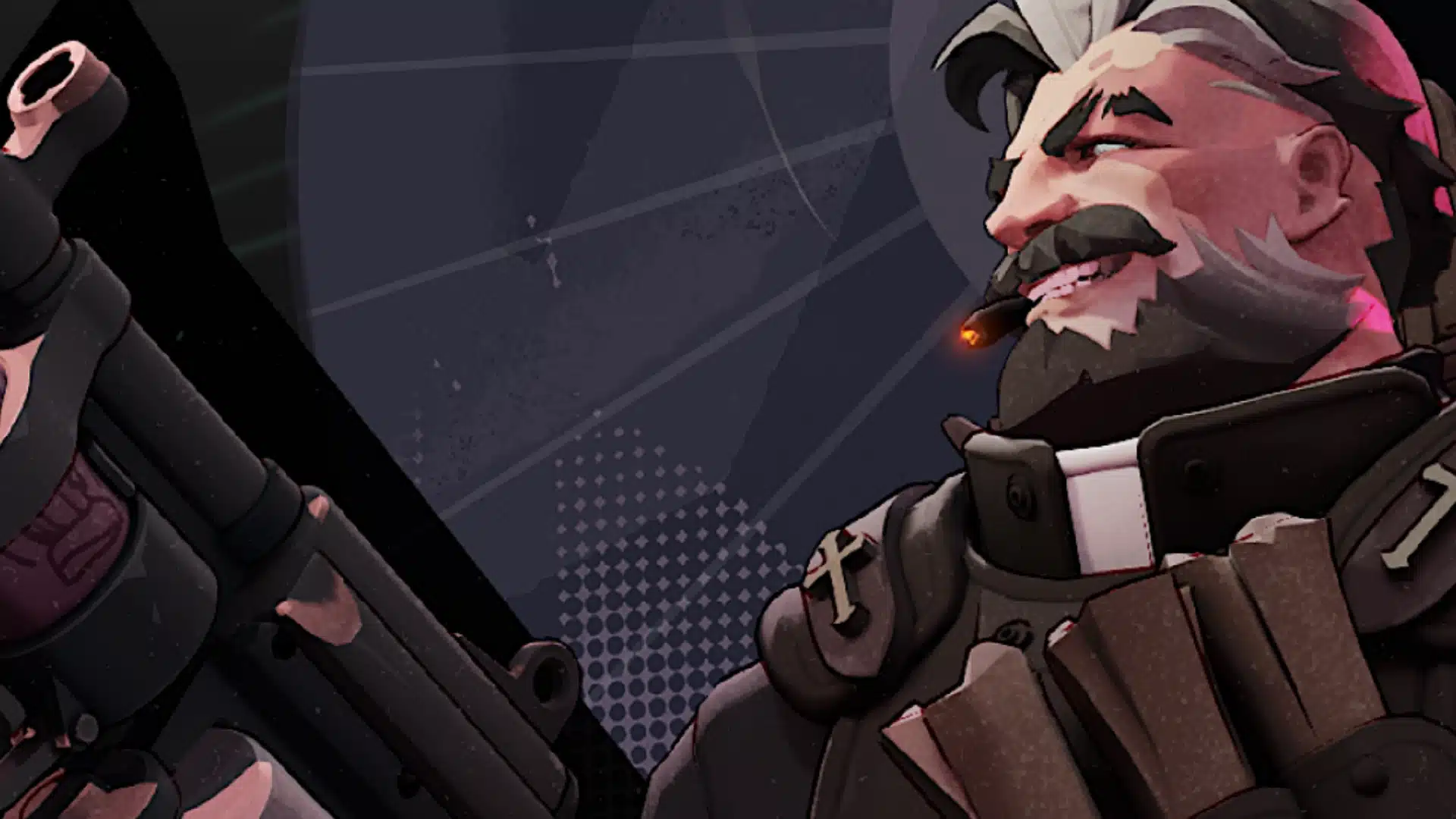 Bearded gunner smoking a cigar while holding a heavy weapon against a dark backdrop