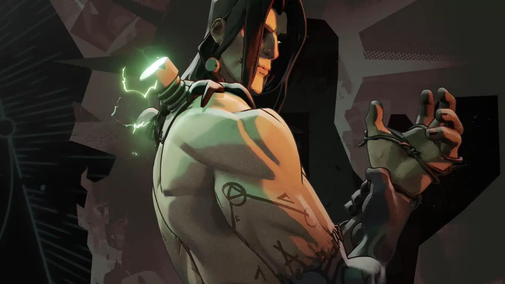 Victor character with mechanical arms and green energy standing against a dark backdrop
