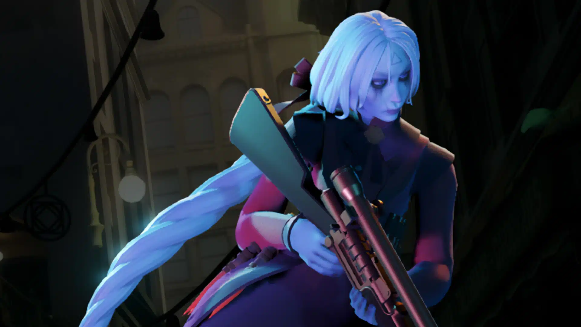 White-haired fighter gripping a scoped rifle while standing in a dark city alley