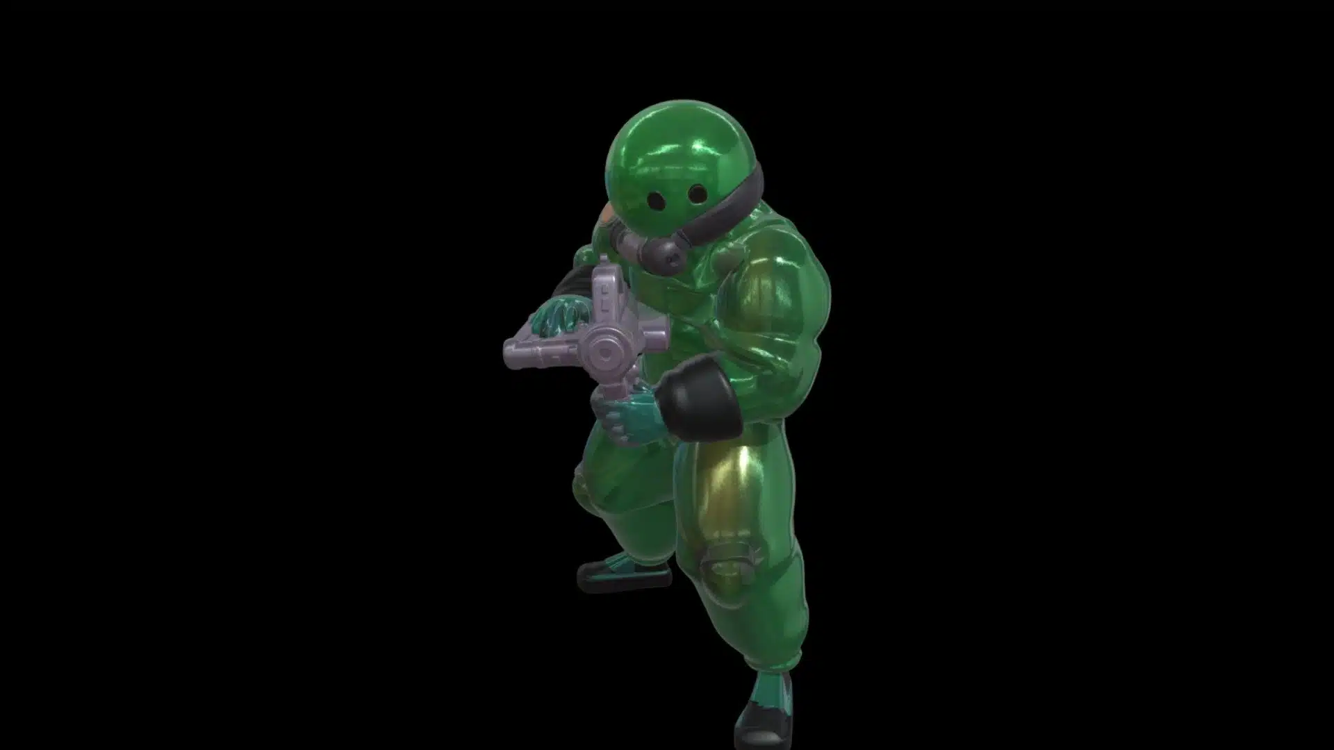 Green armored character holding a compact firearm against a plain black background