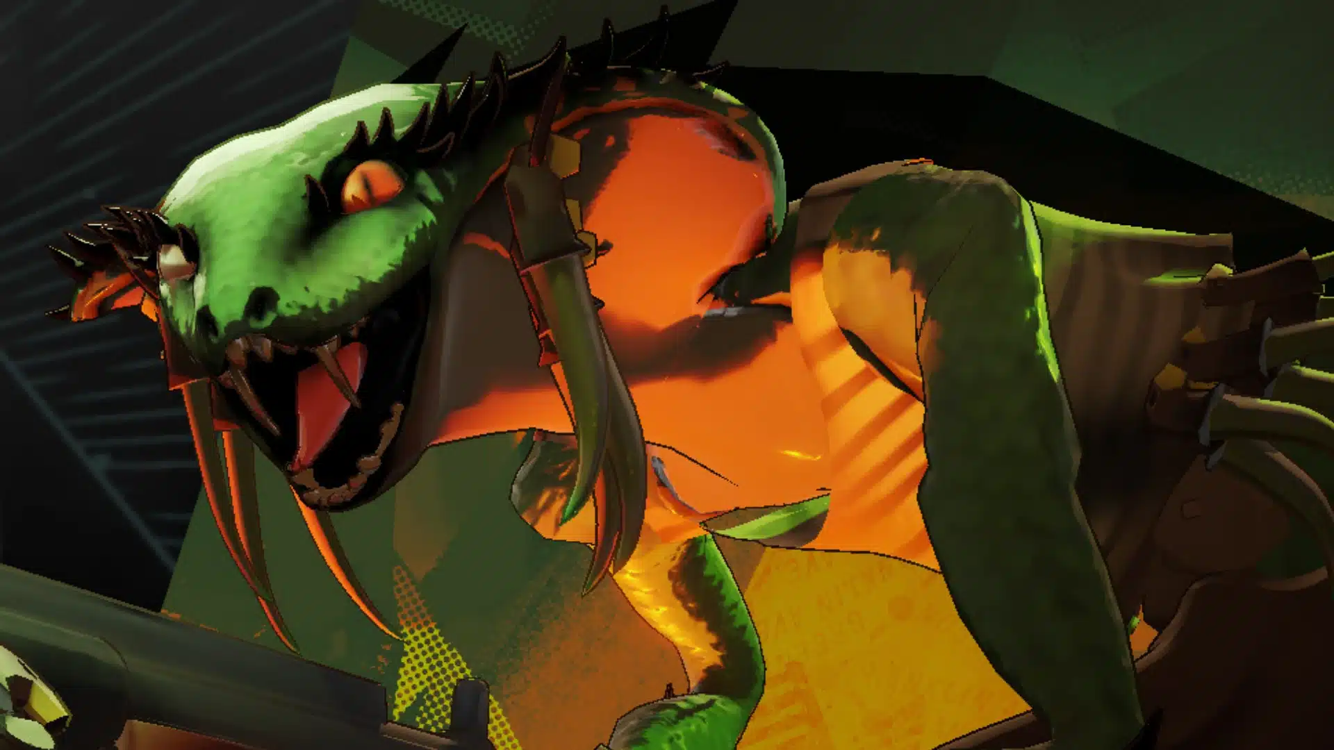 Viper character with a large green reptile looming behind against a dark backdrop