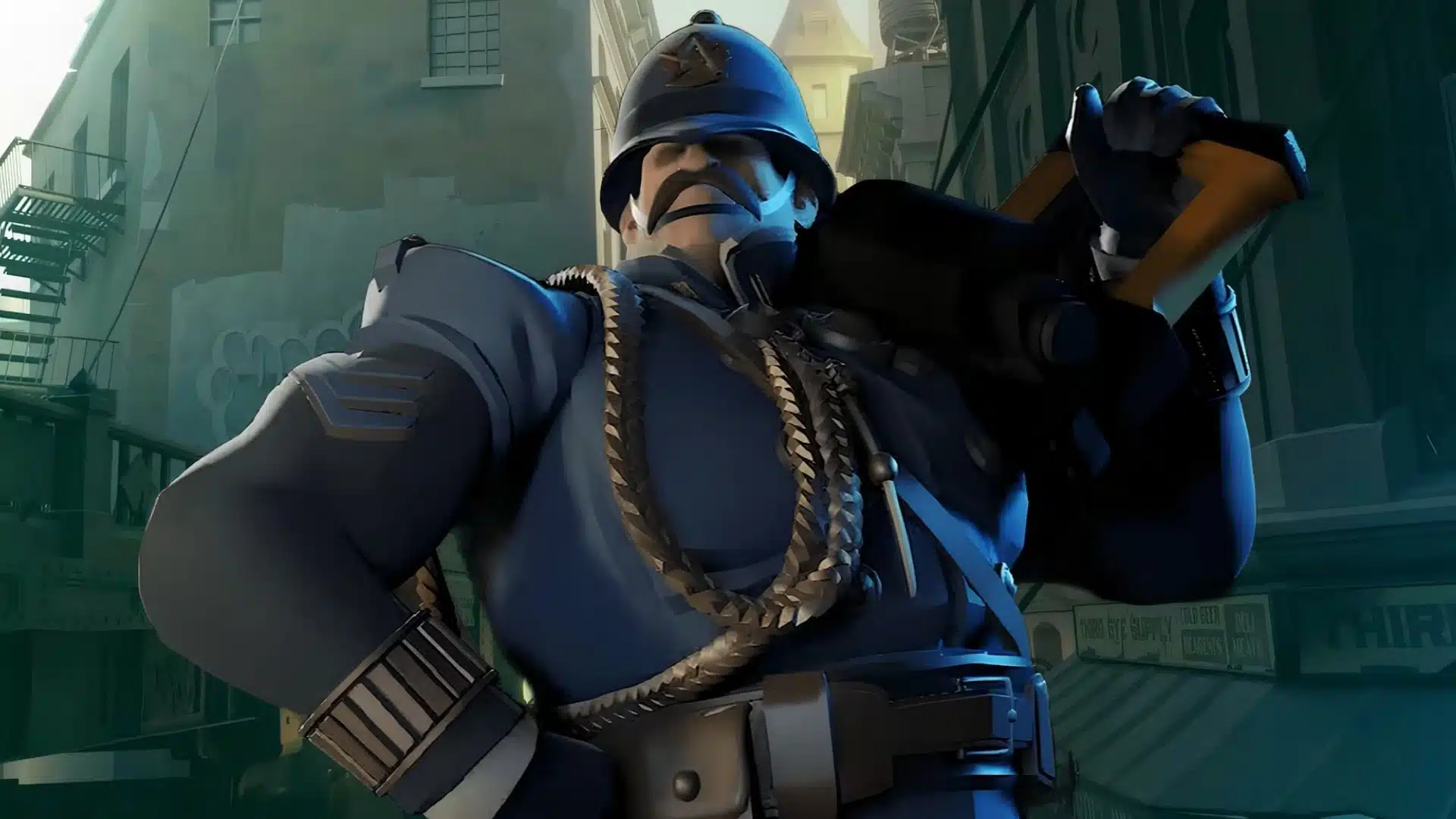 Mustached officer carrying a large weapon over his shoulder in a shadowy city street