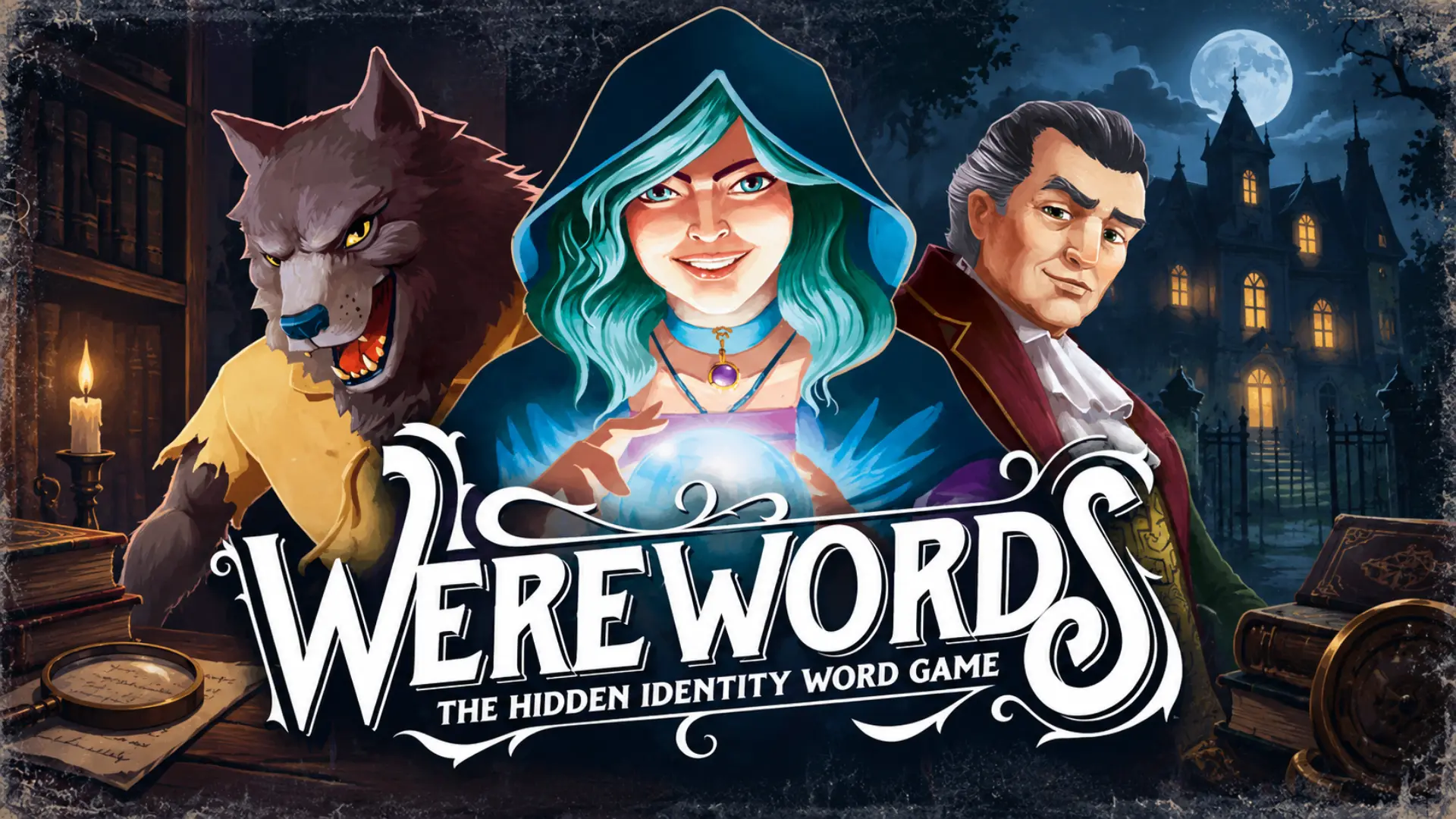 Werewords game cover with a hooded woman werewolf and gentleman around a glowing orb