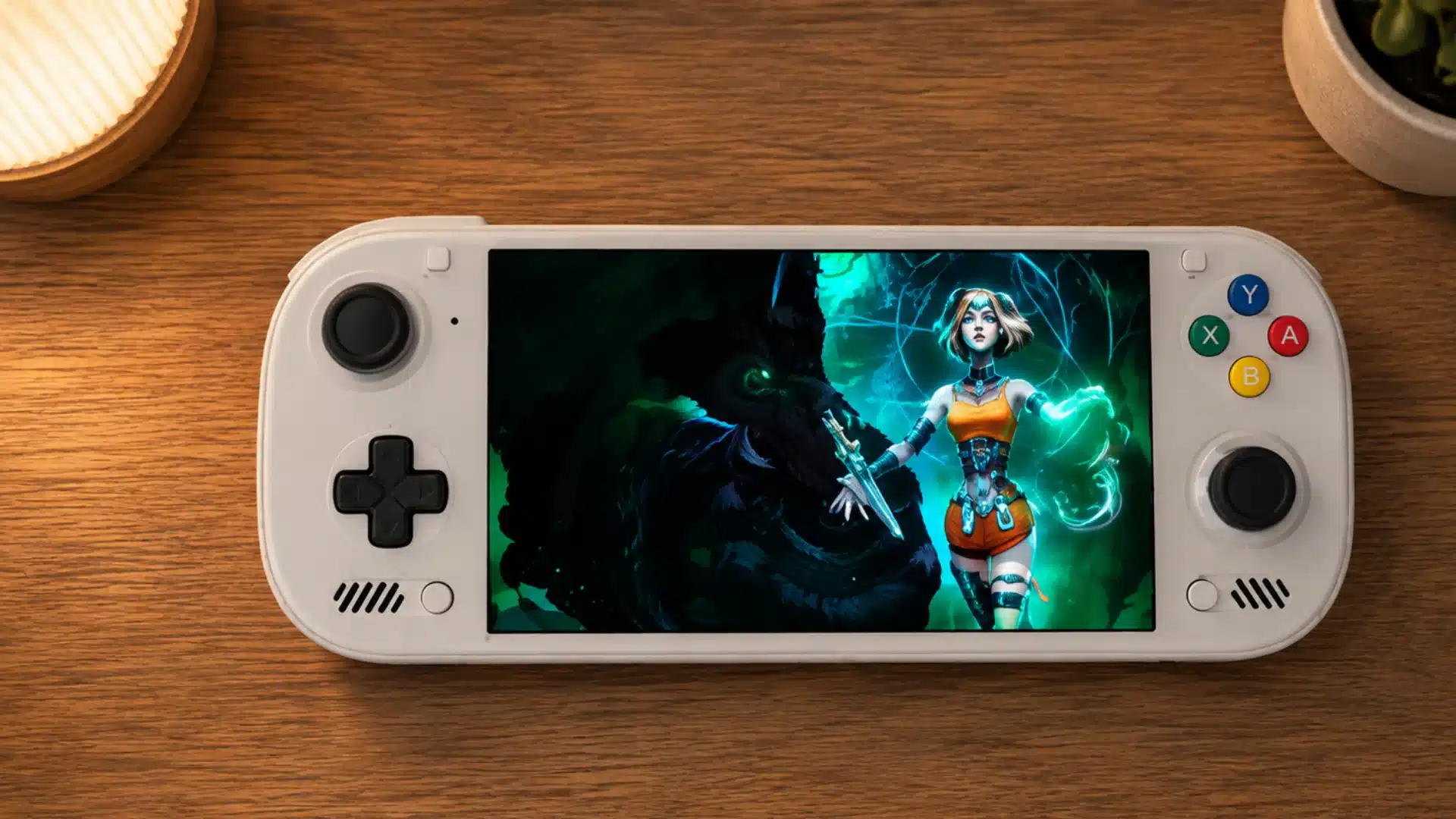 White handheld console displays a fantasy action game on a softly lit wooden desk