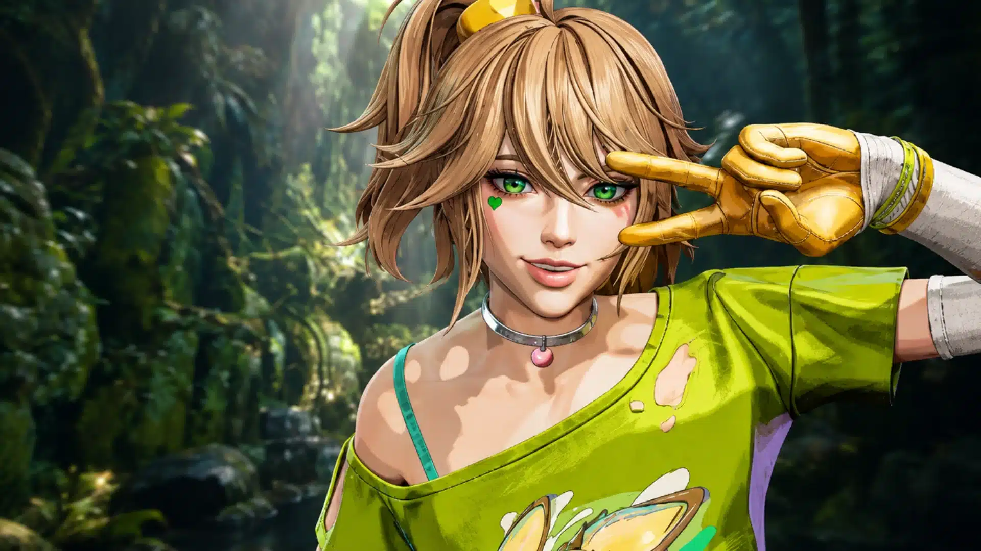 Wildstyle lancer posing with a peace sign in a lush green forest setting