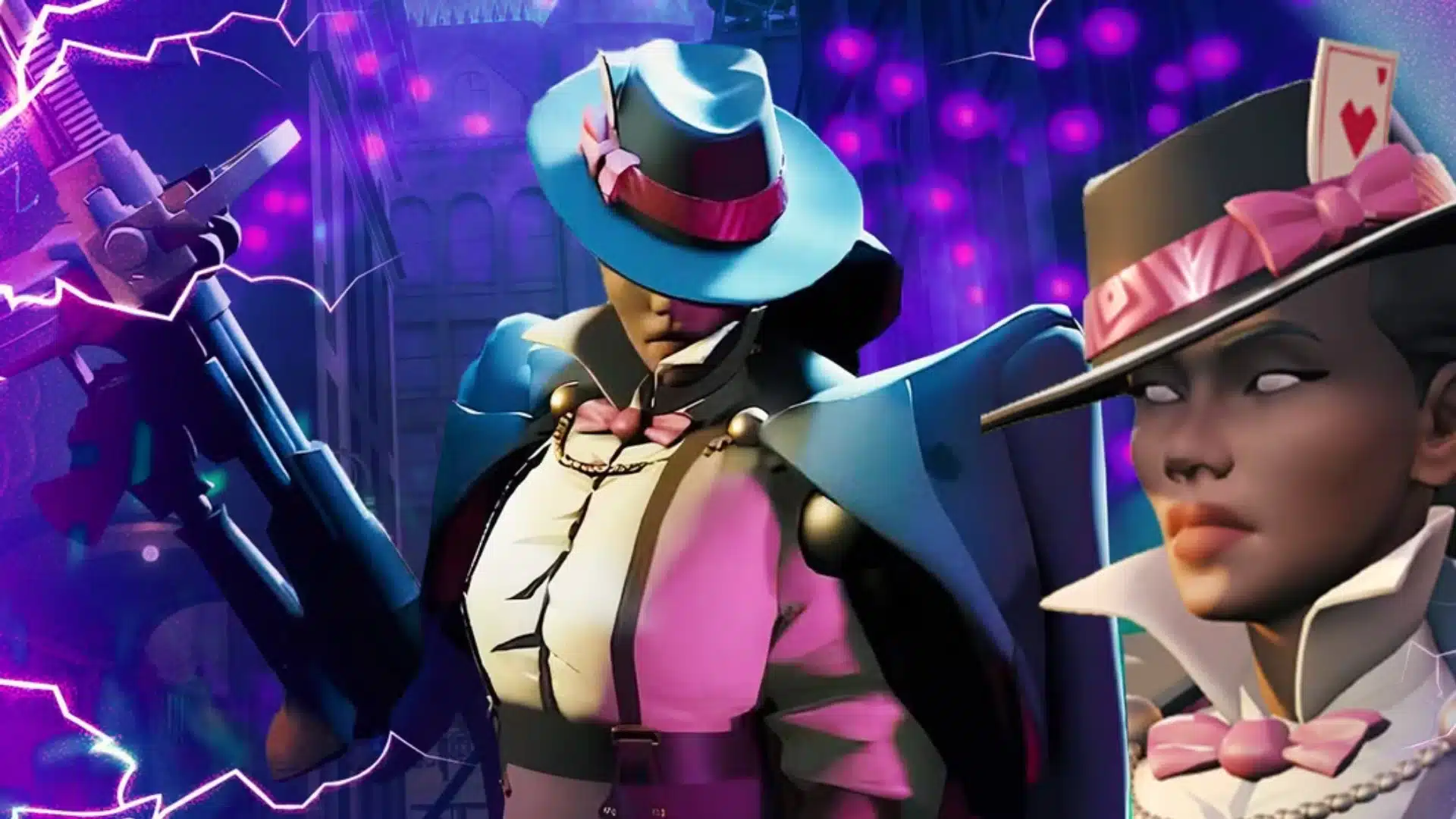Two stylish gunfighters in wide-brim hats surrounded by vivid purple electric effects