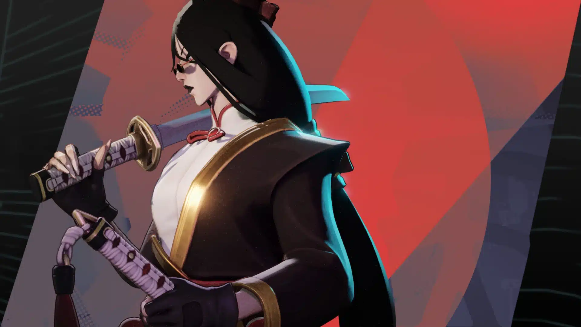 Yamato character holding two swords against a red and black stylized background