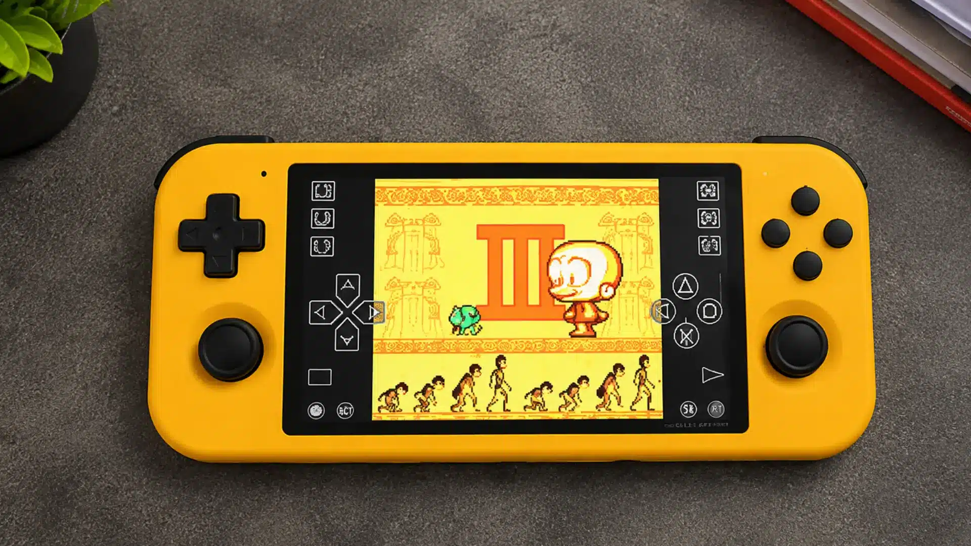 Yellow Retroid handheld displays a retro game on a dark tabletop with colorful controls