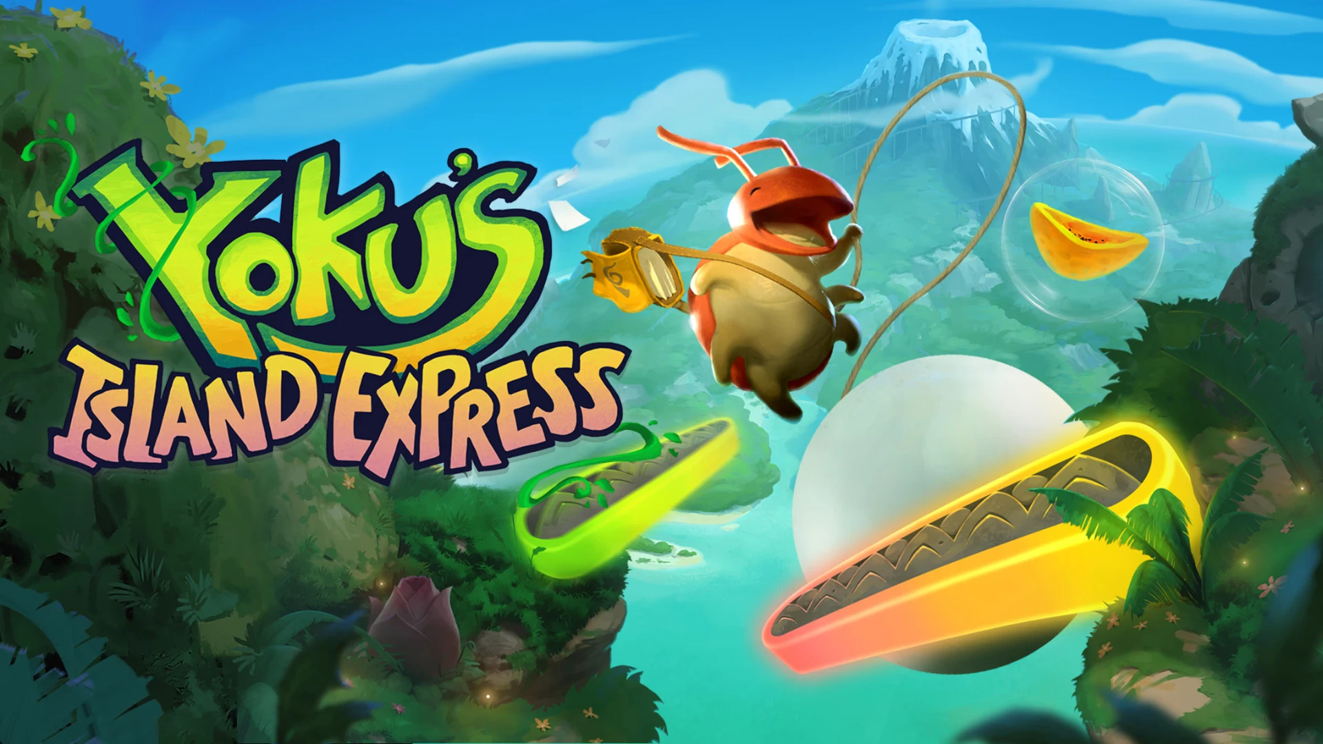 yoku rolls across a bright tropical island beneath the colorful yokus island express title