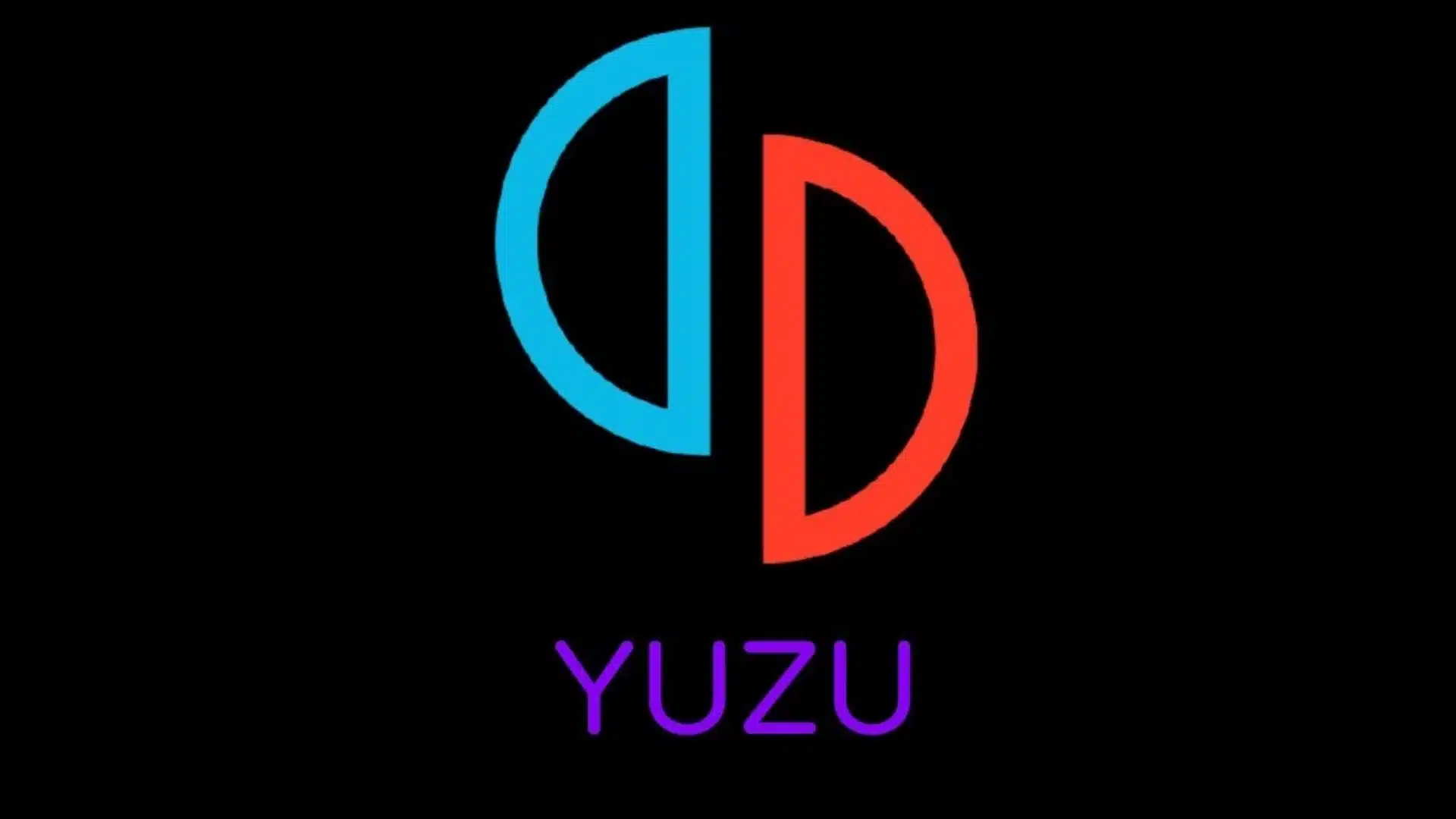 Yuzu emulator logo with red and blue split shapes above purple text on black background