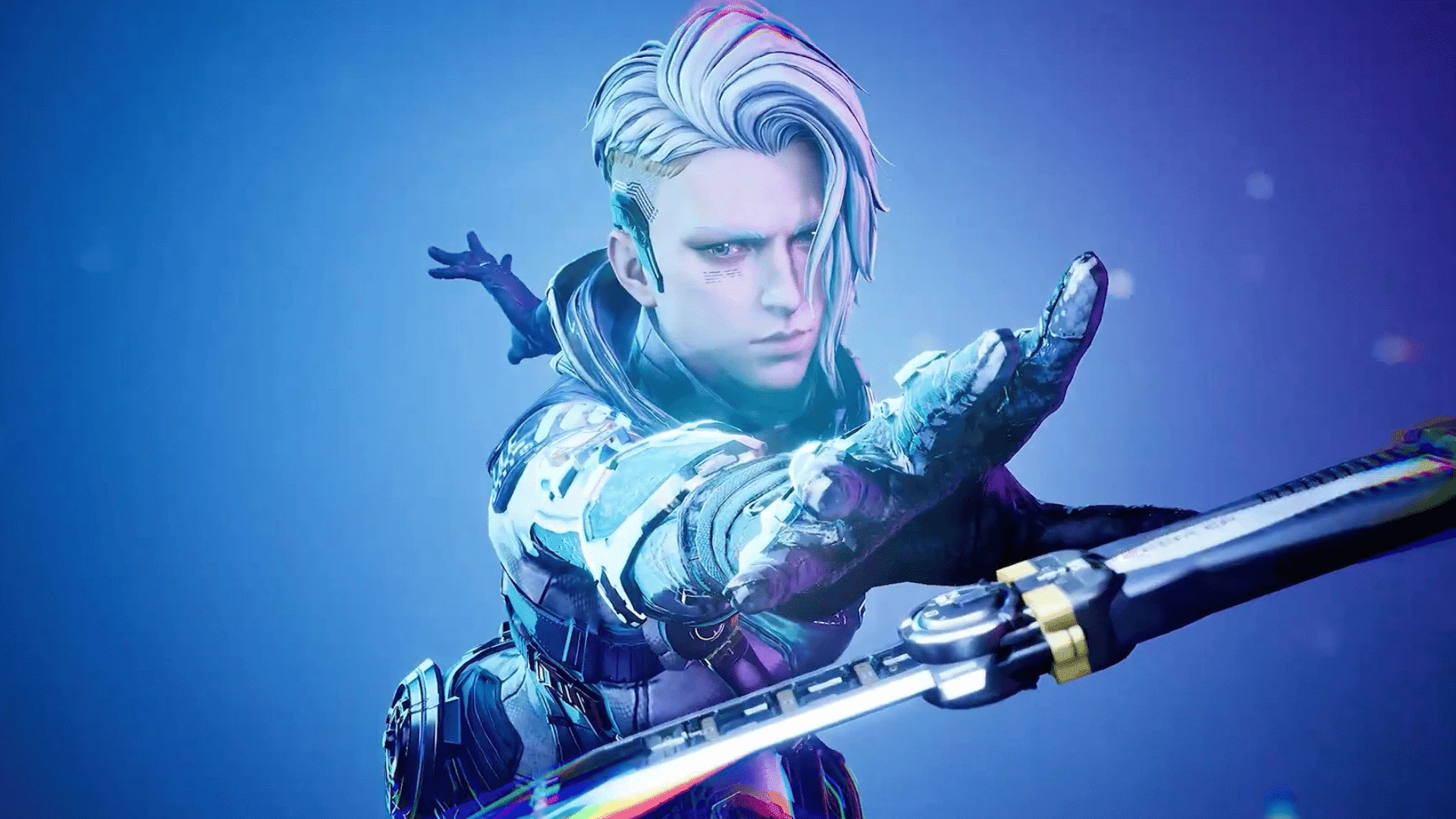 Zephyr character from FragPunk with white hair, futuristic armor, black gloves, and a long bladed weapon