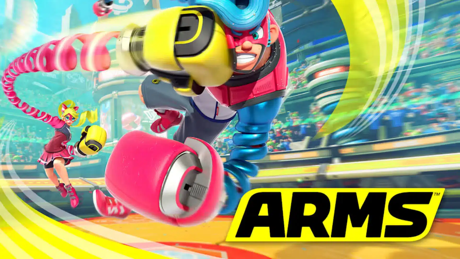 arms artwork showing colorful fighters throwing extended punches across a bright stadium setting