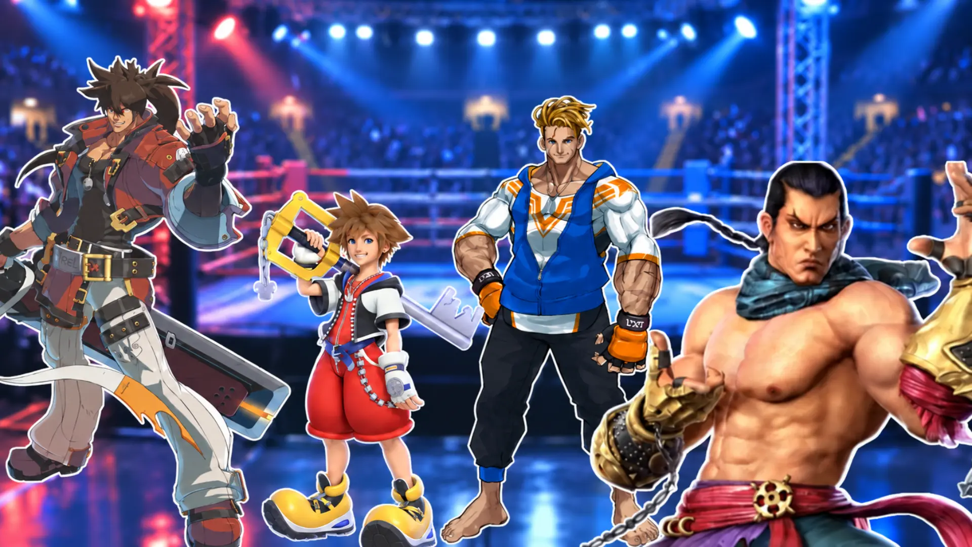 fighting game characters posed before a blue lit arena with blurred crowd and boxing ring background