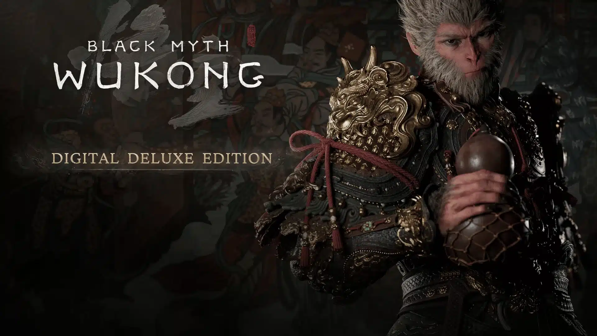 black myth wukong digital deluxe edition cover showing an armored monkey warrior on a dark background