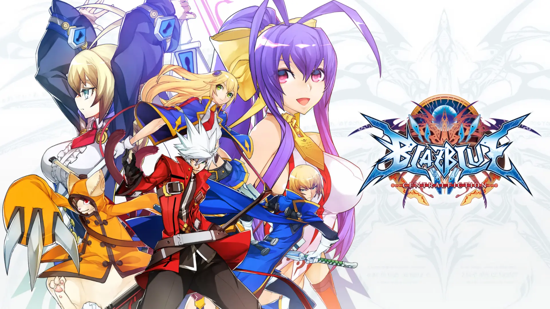 blazblue centralfiction characters posed around the game logo on a bright white illustrated background
