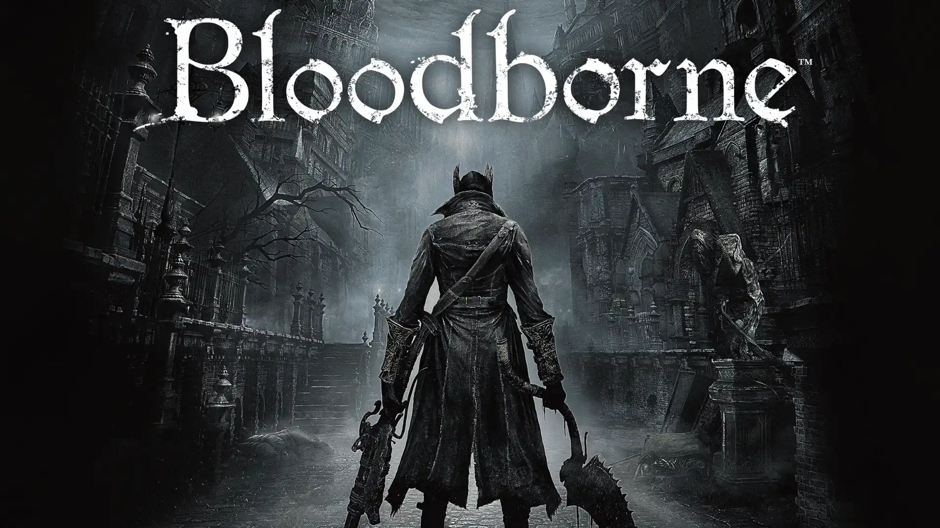bloodborne cover showing a lone hunter in gothic city ruins beneath the large white game title