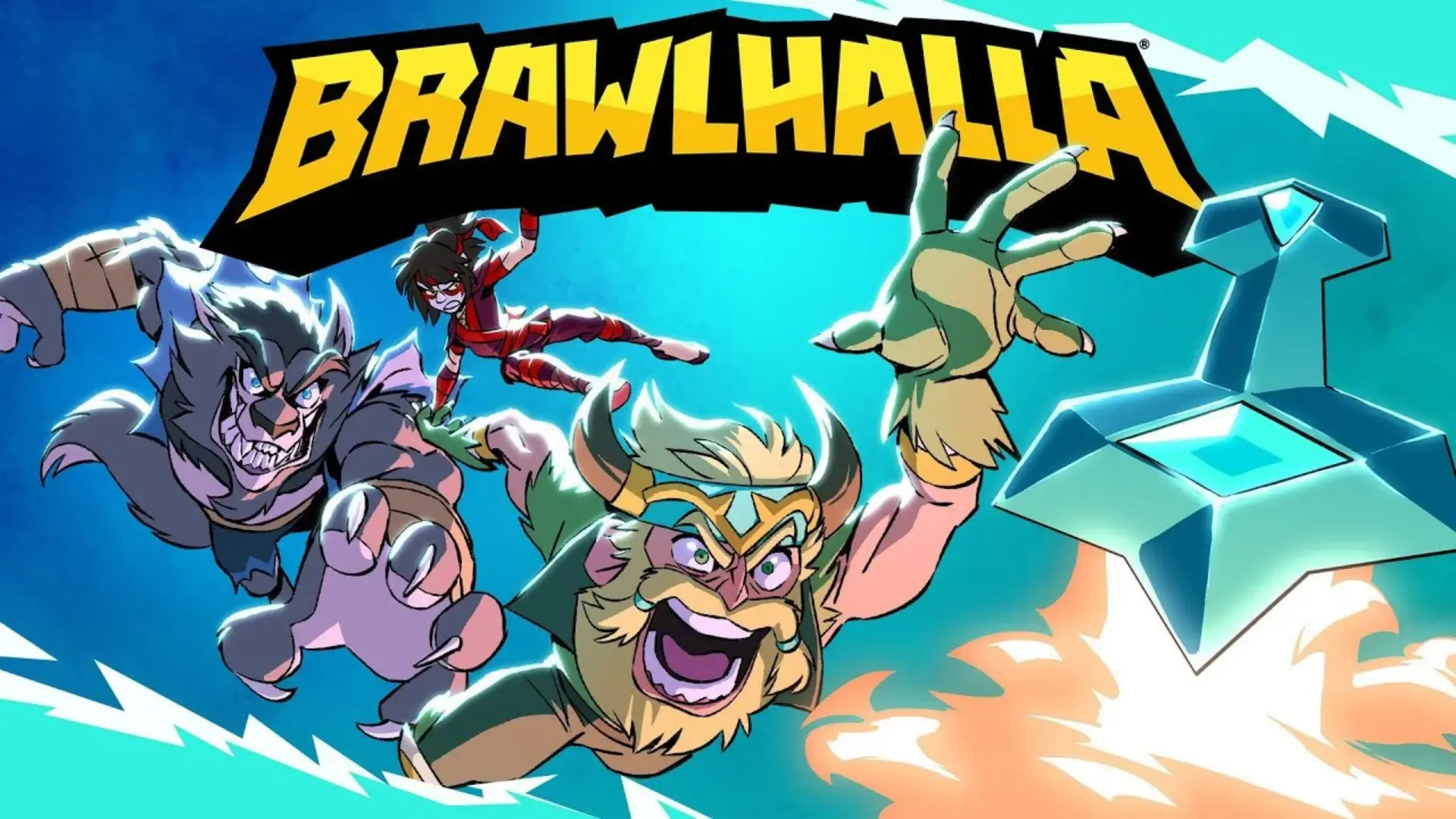 brawlhalla fighters charging forward beneath the game logo against a bright blue action background