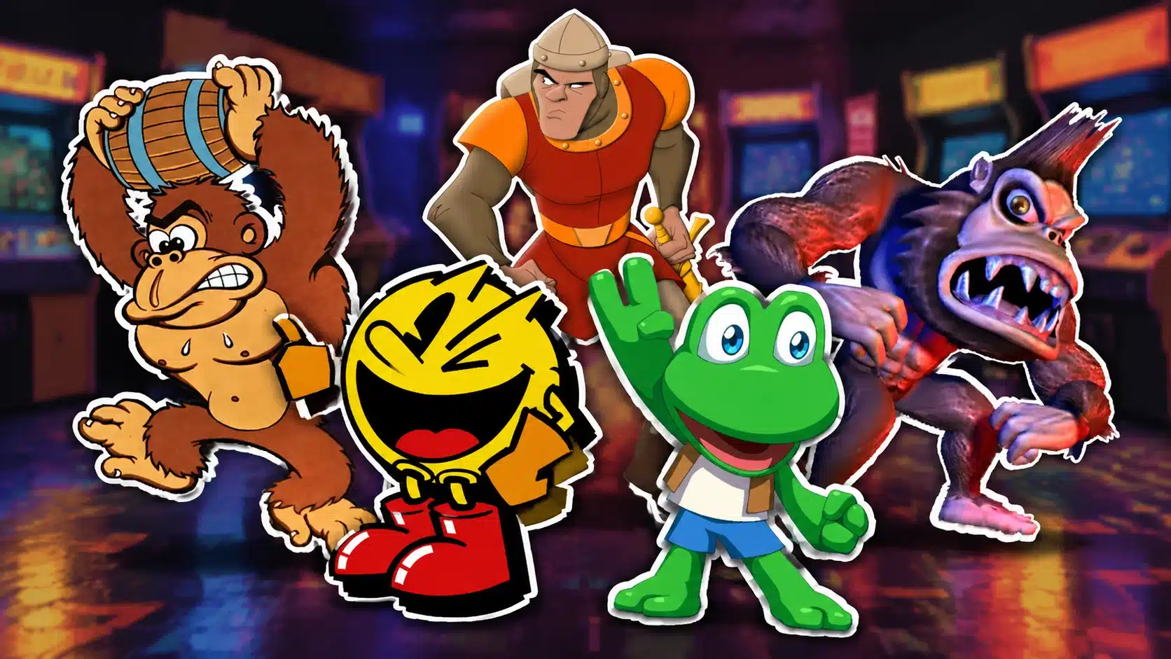 classic arcade characters with colorful cutouts showing iconic heroes and monsters in a retro gaming scene