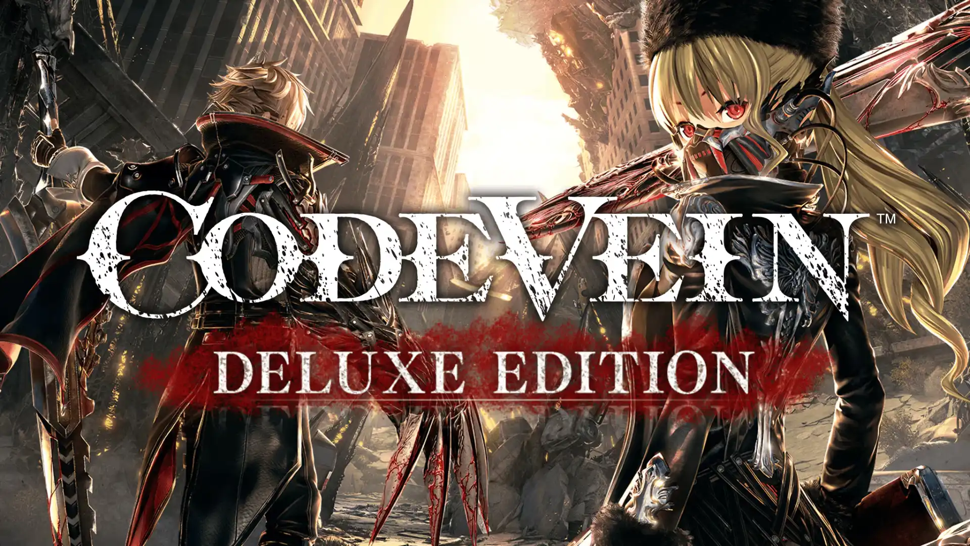 code vein deluxe edition cover showing anime warriors with weapons in a ruined city background