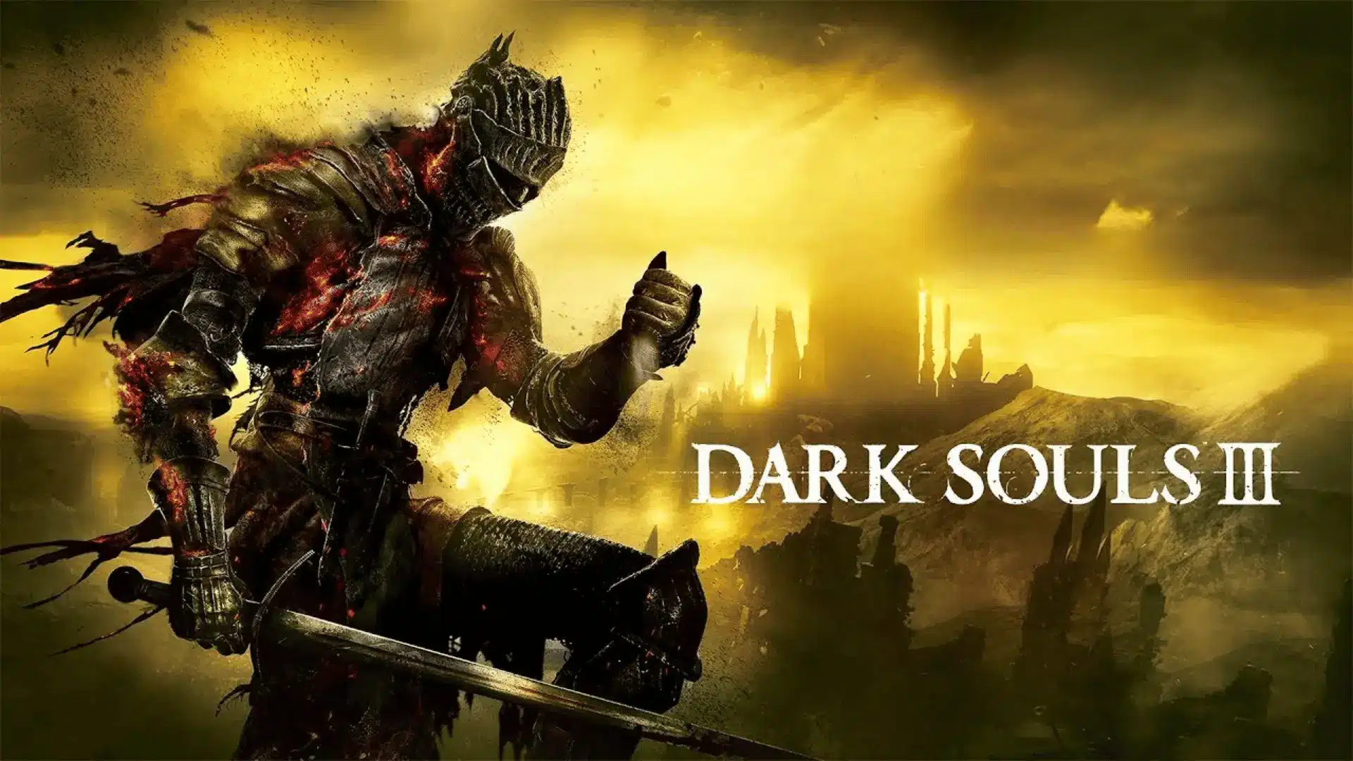 dark souls three cover showing an armored knight kneeling with a sword against a yellow ruined skyline