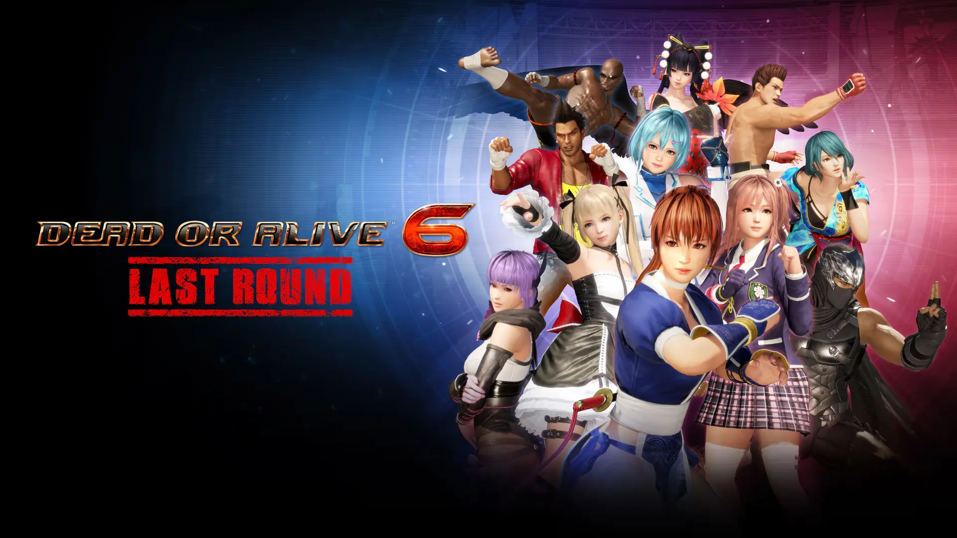 dead or alive 6 last round artwork showing a group of fighters beside the game title on a dark backdrop