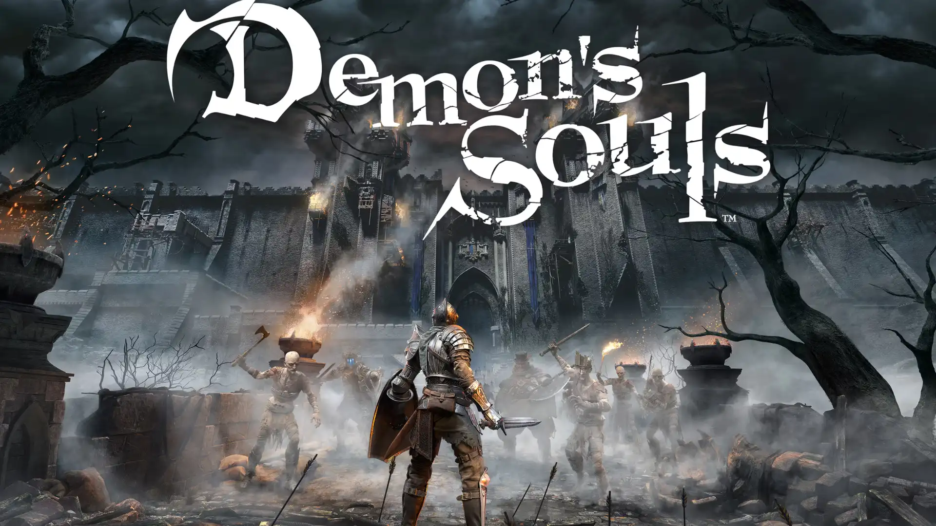 demons souls remake cover showing armored knight facing enemies near dark castle walls