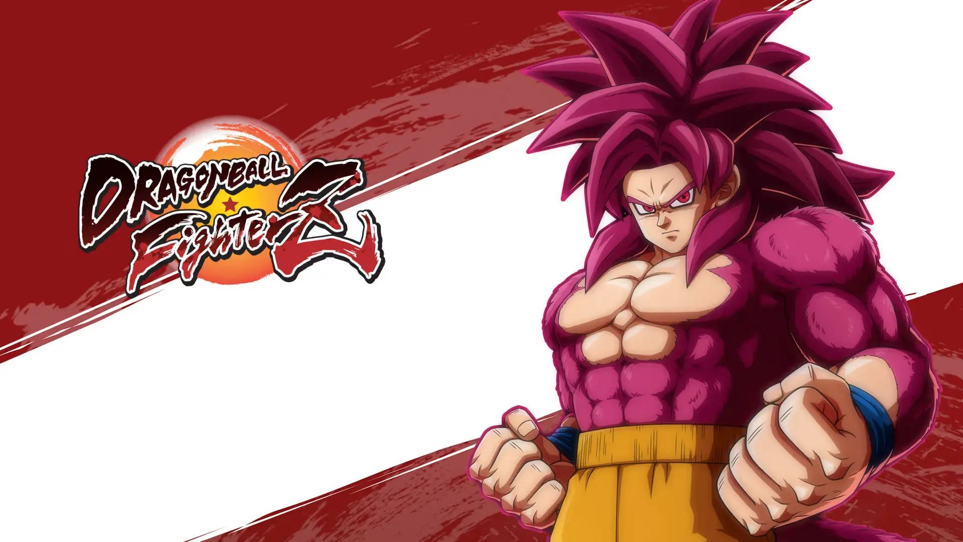 dragon ball fighterz artwork showing super saiyan four gogeta posing beside the game logo on white