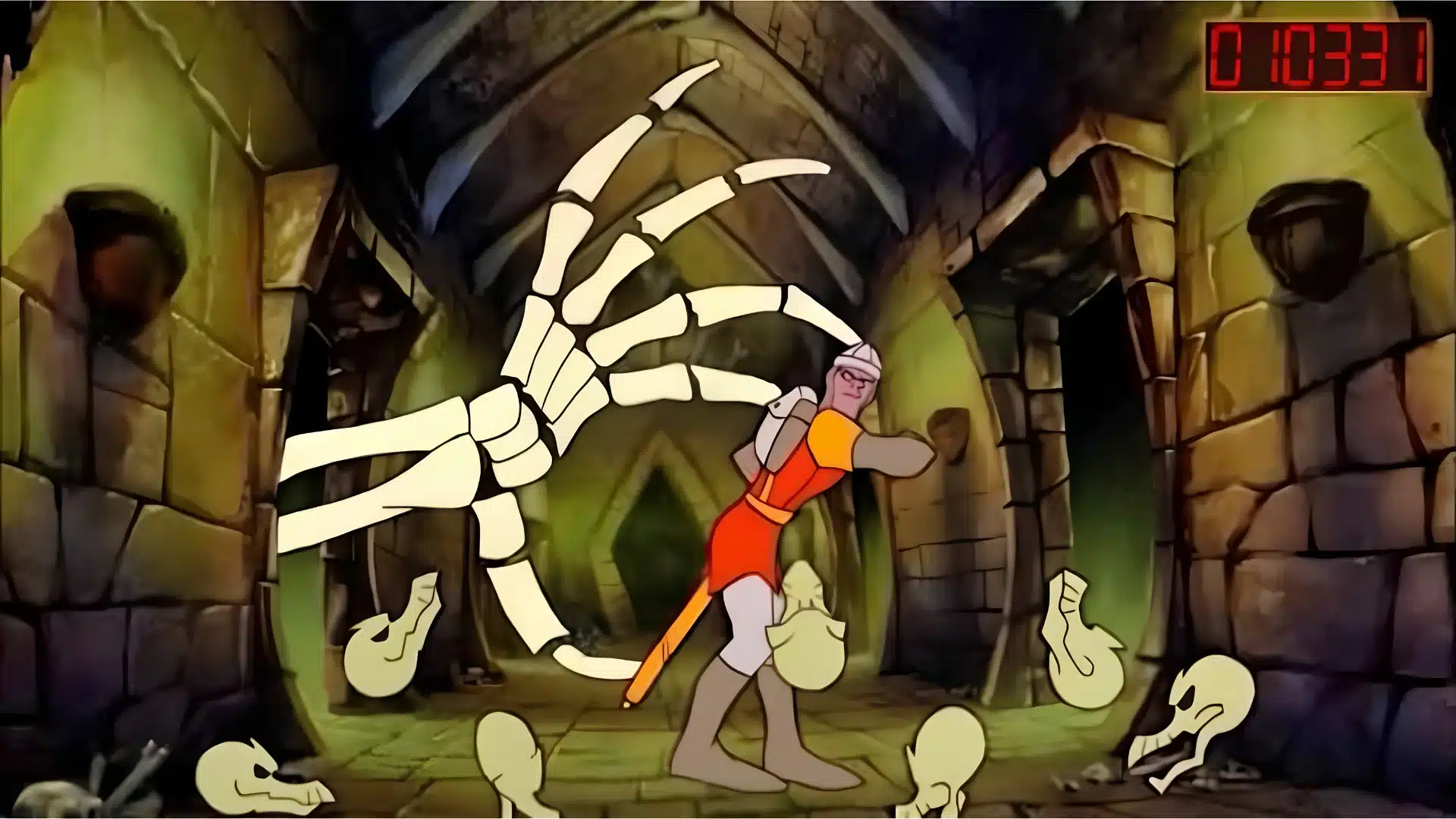 dragons lair arcade gameplay showing animated knight character exploring a fantasy dungeon