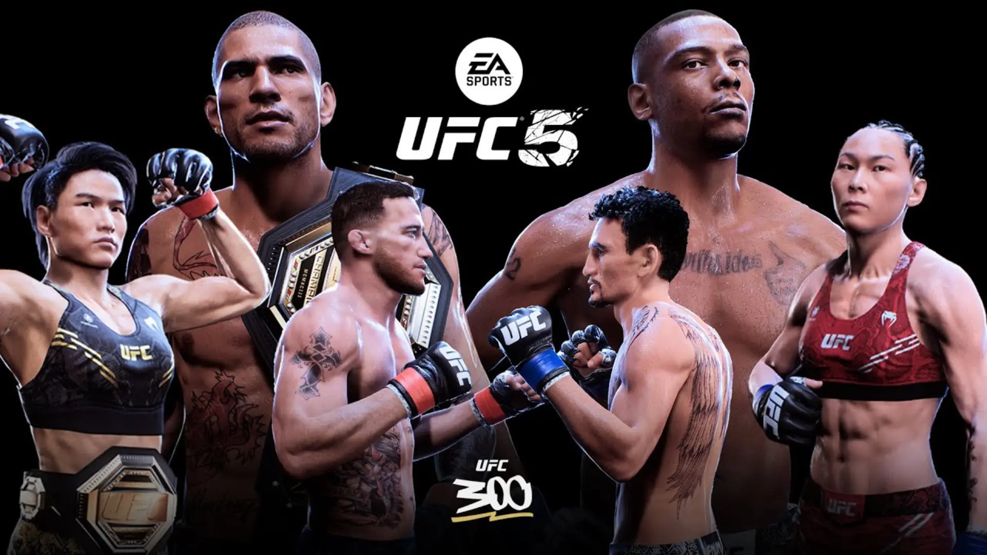 ea sports ufc 5 artwork featuring several licensed fighters facing the camera against a dark background