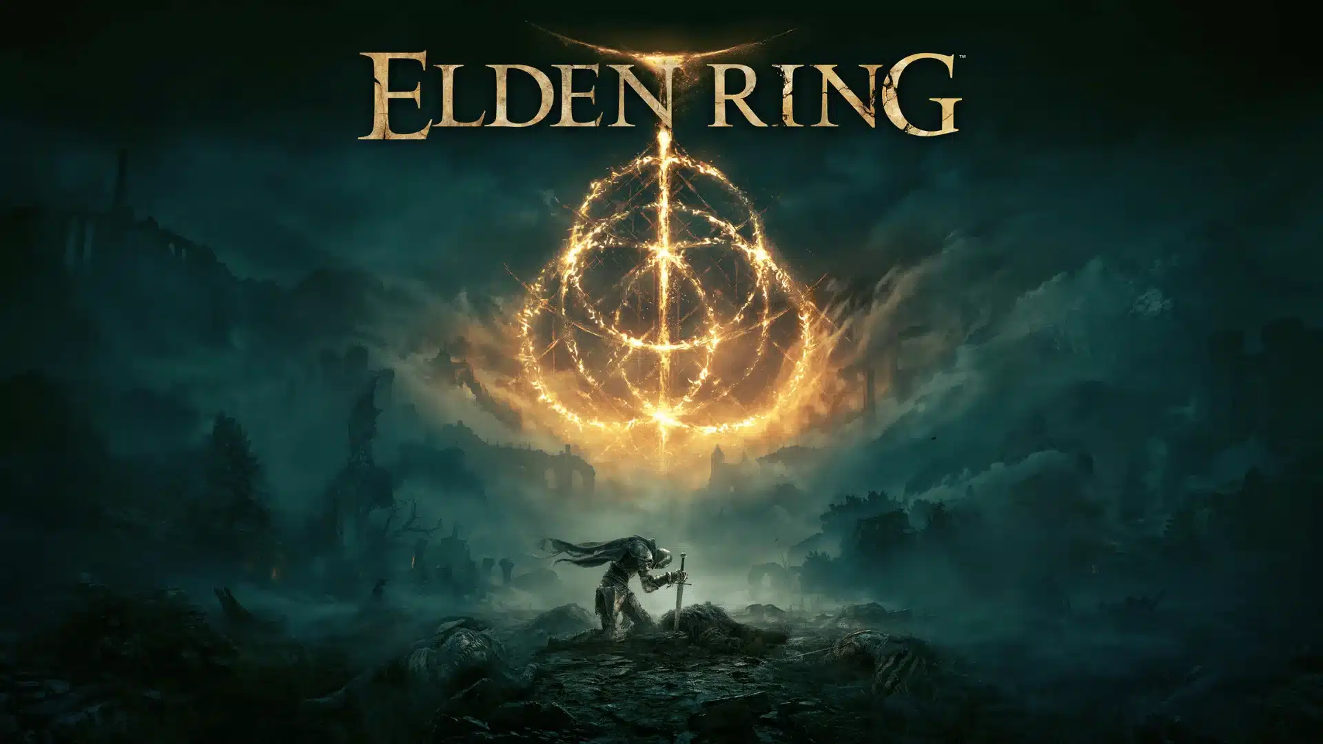 elden ring title above a lone warrior beneath a glowing golden rune in a dark fantasy landscape