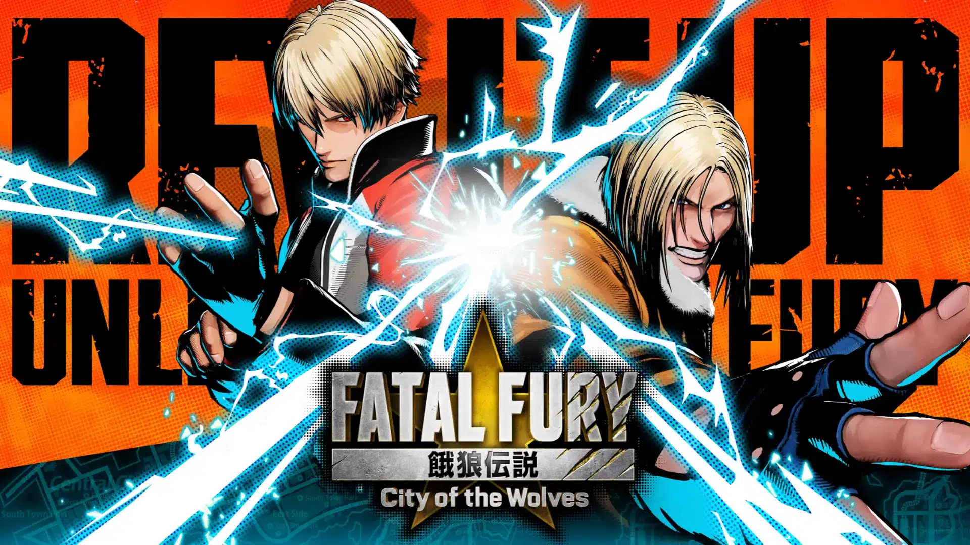 fatal fury city of the wolves fighters posed around the game title with bright electric blue effects
